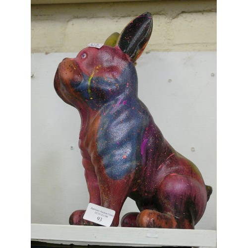 93 - A CERAMIC MULTI COLOURED FRENCH BULLDOG FIGURE.