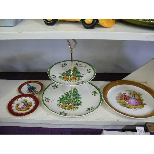 105 - A PAIR OF LIMOGES PIN DISHES, A CHRISTMAS CAKESTAND BY JAMES KENT AND A DECORATIVE PLATE.