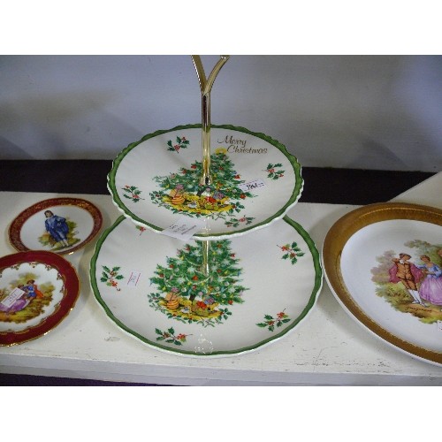 105 - A PAIR OF LIMOGES PIN DISHES, A CHRISTMAS CAKESTAND BY JAMES KENT AND A DECORATIVE PLATE.