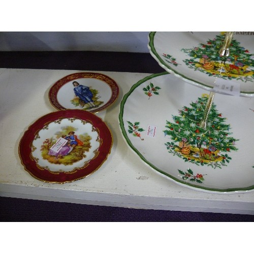 105 - A PAIR OF LIMOGES PIN DISHES, A CHRISTMAS CAKESTAND BY JAMES KENT AND A DECORATIVE PLATE.