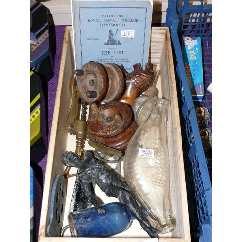 70 - A TRAY OF MIXED VINTAGE COLLECTABLES INCLUDING FISHING REELS, BABY'S BOTTLE, SCALES, BOTTLE OPENERS ... 