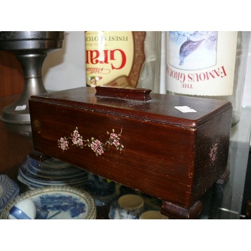 158 - A CAPODIMONTE LIDDED BOWL, AXE VALE POTTERY POSIE HOLDER AND A DECORATIVE WOODEN BOX.