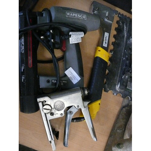 202 - RAPESCO NAIL GUN, HAMMER TACKER AND A STAPLER.