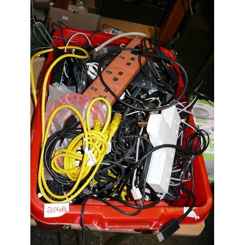 204B - LARGE BOX OF MIXED CABLES, EXTENSION LEADS ETC.