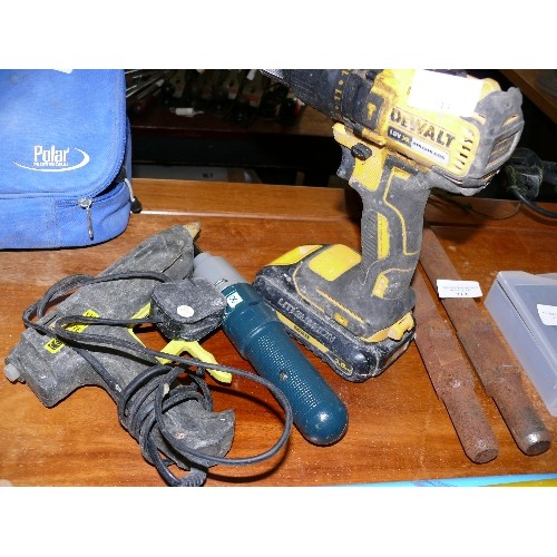 213 - A DEWALT DRILL, CORDLESS SCREWDRIVER AND A GLUE GUN.