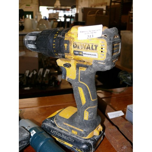 213 - A DEWALT DRILL, CORDLESS SCREWDRIVER AND A GLUE GUN.