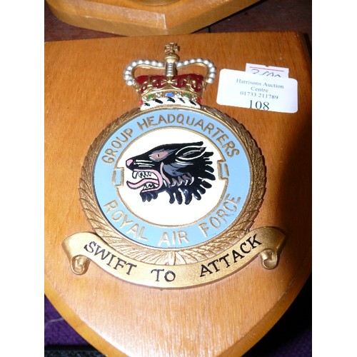 108 - A COLLECTION OF VARIOUS WALL PLAQUES INCLUDING RAF.