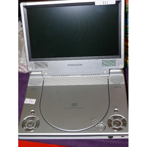 111 - A FERGUSON PORTABLE DVD PLAYER WITH POWER SUPPLY AND REMOTE CONTROL.