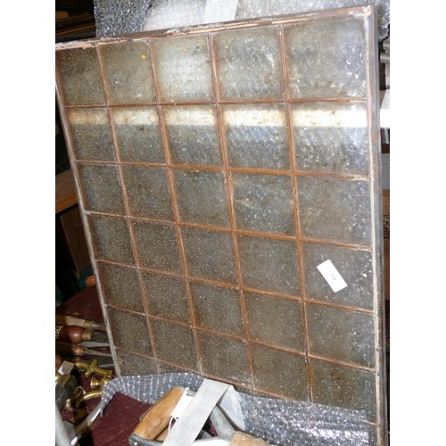 268 - COPPER FRAMED GLASS PANE, MEASURING 60cm X 50cm.