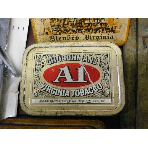 278 - TEN TOBACCO TINS, EIGHT WITH HINGE LIDS.