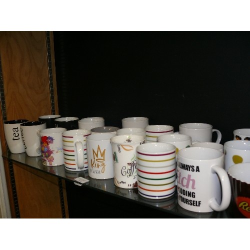 359 - A SHELF OF DIFFERENT MUGS.