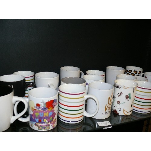 359 - A SHELF OF DIFFERENT MUGS.