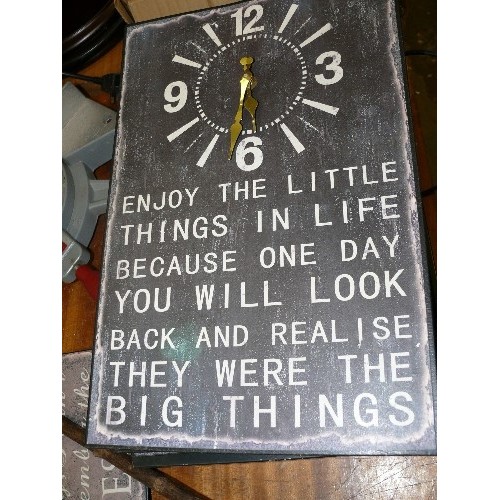 383 - SEVEN TIN CLOCKS WITH QUIRKY MOTTOS.