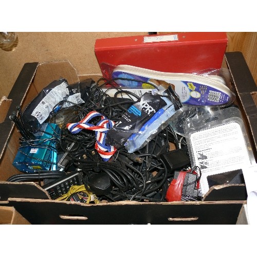 387 - BOX OF MIXED ELECTRICAL LEADS, TELEPHONE, LAZER LIGHT ETC.