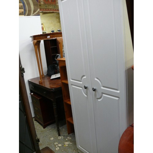 411 - WHITE WOOD EFFECT SLIM TWO DOOR WARDROBE WITH INTERNAL SHELF AND RAIL.