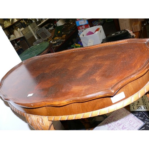 414 - DEMI LUNE CONSOLE TABLE ON CARVED BALL AND CLAW FEET.