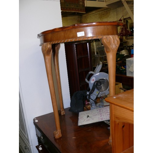 414 - DEMI LUNE CONSOLE TABLE ON CARVED BALL AND CLAW FEET.