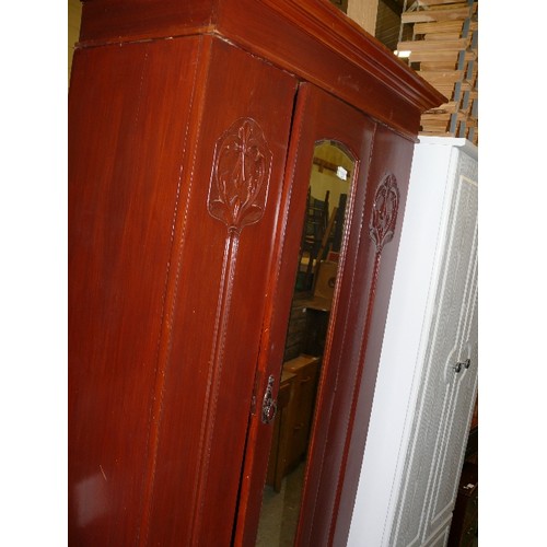 418 - WARDROBE WITH BEVEL EDGED CENTRAL MIRROR AND CARVED ART NOUVEAU MOTIF TO OUTER PANELS, DRAWER UNDERN... 