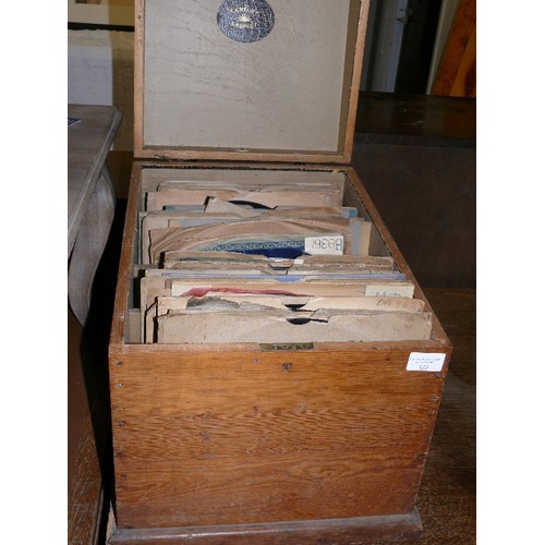 433 - WOODEN RECORD BOX FROM PALMERS MUSIC STORE, KETTERING, CENTURY CABINET WITH CONTENTS OF 78'S JAZZ CO... 