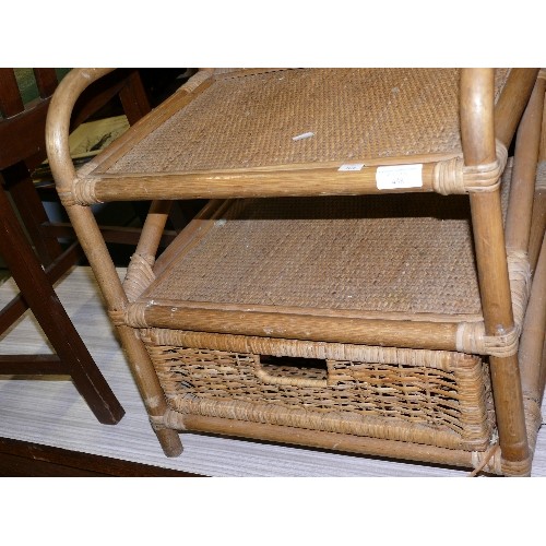 448 - CIRCULAR WICKER STOOL AND A BAMBOO AND RATTAN SIDE TABLE WITH DRAWER.