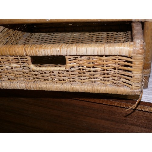 448 - CIRCULAR WICKER STOOL AND A BAMBOO AND RATTAN SIDE TABLE WITH DRAWER.