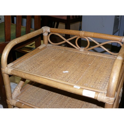 448 - CIRCULAR WICKER STOOL AND A BAMBOO AND RATTAN SIDE TABLE WITH DRAWER.