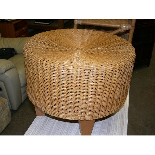 448 - CIRCULAR WICKER STOOL AND A BAMBOO AND RATTAN SIDE TABLE WITH DRAWER.