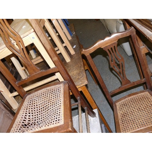 450 - FOUR ART NOUVEAU BISTRO CHAIRS WITH CANE SEWED SEAT NEEDING REPAIR.  TWO DIFFERENT BACKED PAIRS.