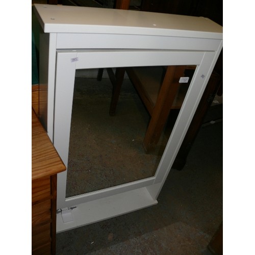 454 - LARGE WHITE WALL CABINET WITH MIRRORED DOOR AND UNDERSHELF.