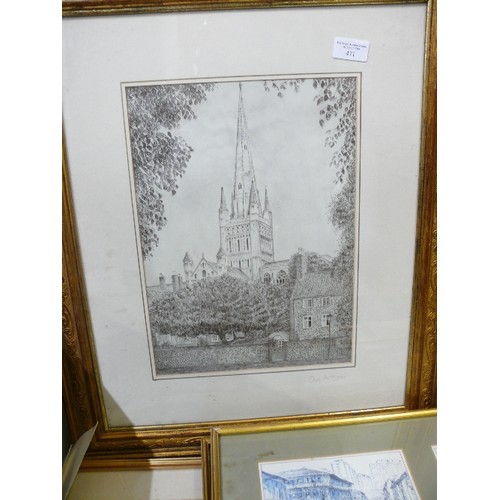 471 - HYDE PARK CORNER, FRAMED AND GLAZED PLUS A SIGNED PRINT OF NORWICH CATHEDRAL BY CHRIS HUTCHINS.