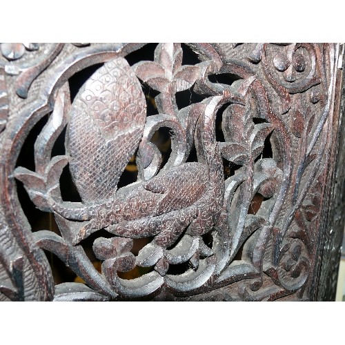 478 - INDIAN CARVED AND PIERCED FOLDING TABLE WITH BRASS TRAY.