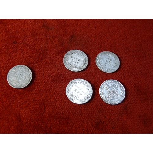 40 - FOUR SIXPENCE COINS, PRE 1920 AND A QUARTER RUPEE FROM 1910.