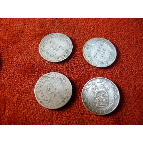 40 - FOUR SIXPENCE COINS, PRE 1920 AND A QUARTER RUPEE FROM 1910.