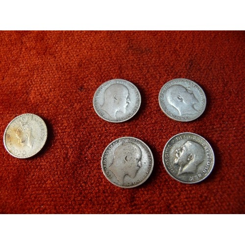 40 - FOUR SIXPENCE COINS, PRE 1920 AND A QUARTER RUPEE FROM 1910.