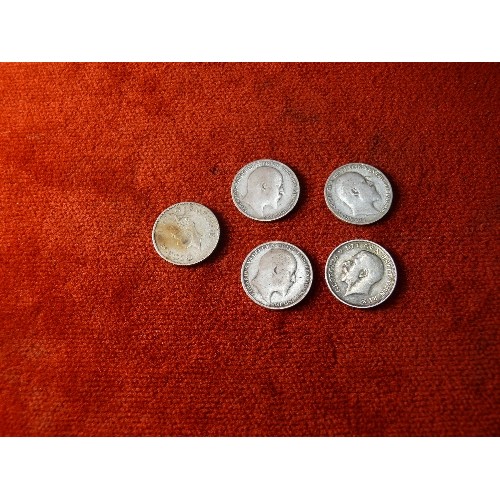 40 - FOUR SIXPENCE COINS, PRE 1920 AND A QUARTER RUPEE FROM 1910.