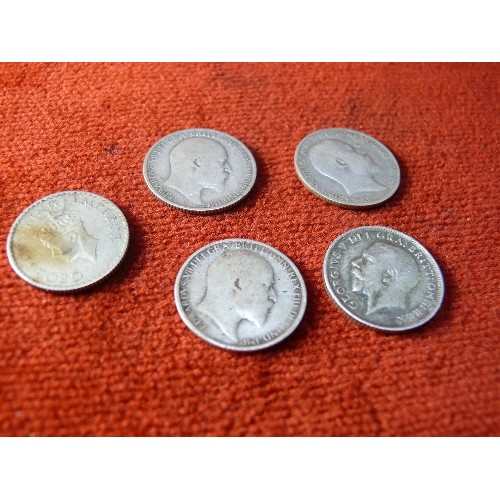 40 - FOUR SIXPENCE COINS, PRE 1920 AND A QUARTER RUPEE FROM 1910.