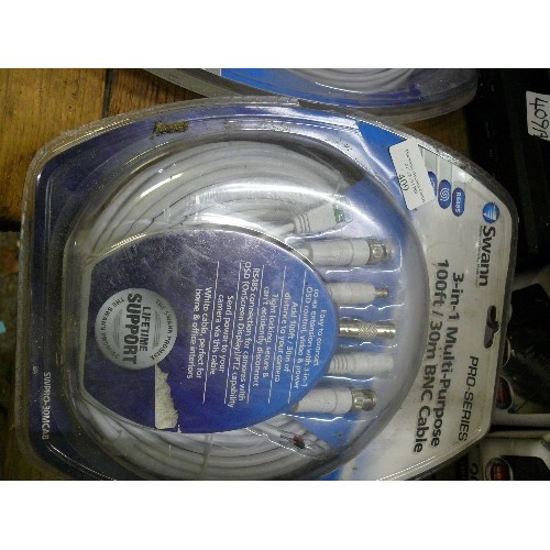 409 - TWO SEALED PACKS OF SWAN PRO SERIES, 3 IN 1 MULTI PURPOSE 100FT BNC CABLE.