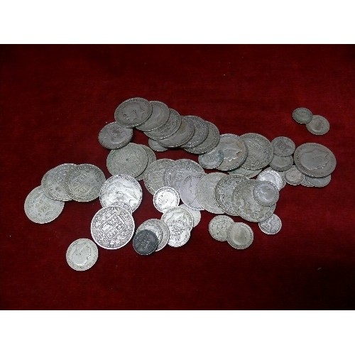 58 - COLLECTION OF SILVER COINS 4d 1843 BUN FLORIN EMPRESS CROWN. HALF A FARTHING 1844 2 X 3d . GEORGE II... 