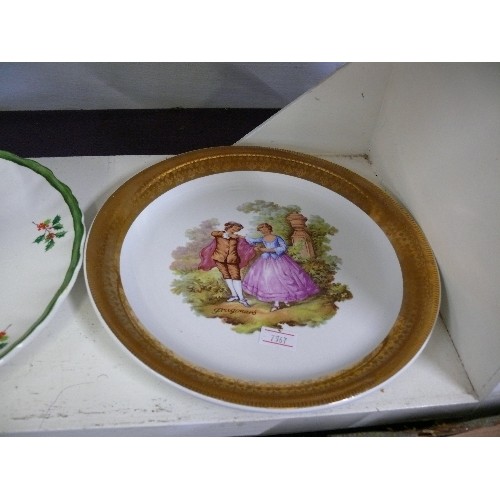 105 - A PAIR OF LIMOGES PIN DISHES, A CHRISTMAS CAKESTAND BY JAMES KENT AND A DECORATIVE PLATE.