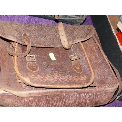 175 - TWO VINTAGE LEATHER SATCHELS AND A DECORATIVE BOX.