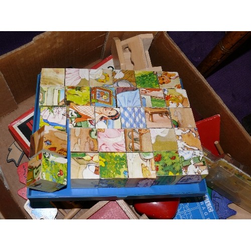 180 - A BOX OF VINTAGE TOYS, BUILDING BLOCKS ETC.