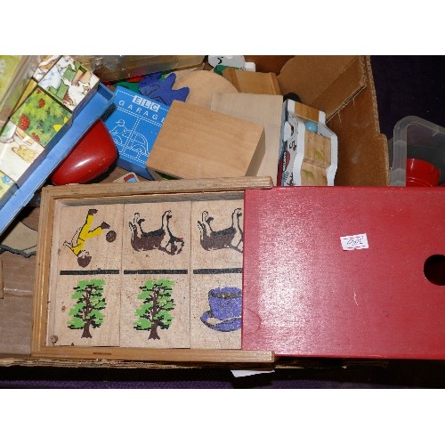 180 - A BOX OF VINTAGE TOYS, BUILDING BLOCKS ETC.