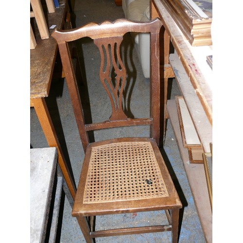 450 - FOUR ART NOUVEAU BISTRO CHAIRS WITH CANE SEWED SEAT NEEDING REPAIR.  TWO DIFFERENT BACKED PAIRS.