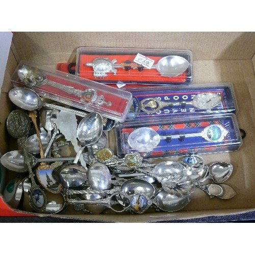 73 - A BOX OF COLLECTABLE SOUVENIR SPOONS.