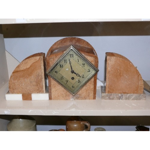 84 - ART DECO MARBLE MANTLE CLOCK AND GARNITURE SET WITH KEY.