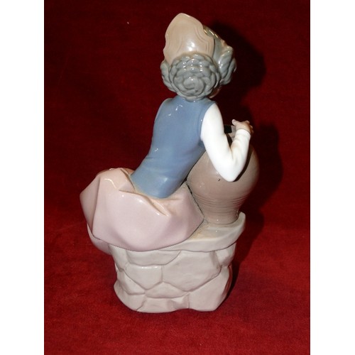 93 - A NAO FIGURINE OF GIRL HOLDING A VASE AND A BIRD ON HER KNEE.