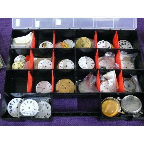 112 - LARGE TRAY OF POCKET WATCH FACES, MOVEMENTS, CASES AND SPARE PARTS.