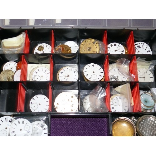 112 - LARGE TRAY OF POCKET WATCH FACES, MOVEMENTS, CASES AND SPARE PARTS.