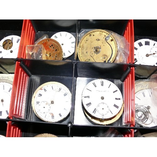 112 - LARGE TRAY OF POCKET WATCH FACES, MOVEMENTS, CASES AND SPARE PARTS.