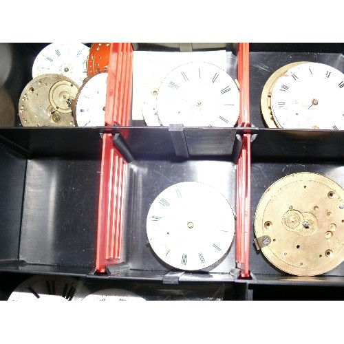 112 - LARGE TRAY OF POCKET WATCH FACES, MOVEMENTS, CASES AND SPARE PARTS.